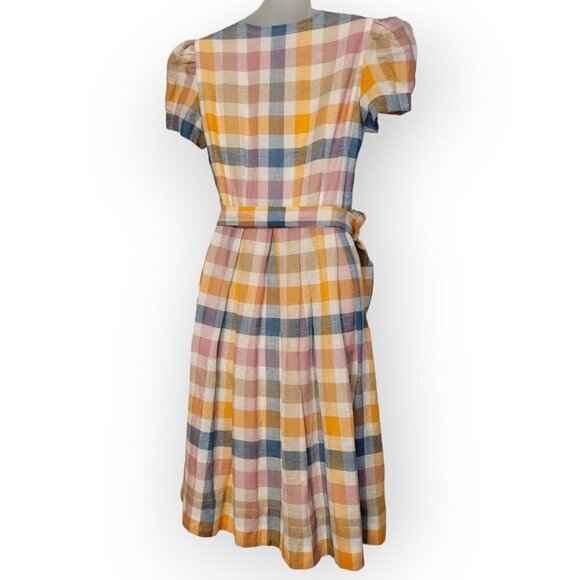 Gal Meets Glam Linen Puff Sleeve Plaid Midi Dress Pockets Tie Waist Size S - Picture 7 of 15